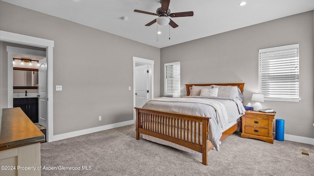 bedroom with recessed lighting, baseboards, a ceiling fan, and carpet flooring