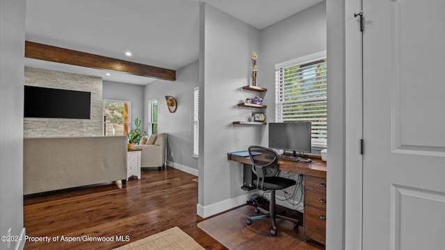 office space featuring beam ceiling, recessed lighting, wood finished floors, and baseboards