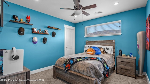 carpeted bedroom with recessed lighting, baseboards, visible vents, and ceiling fan