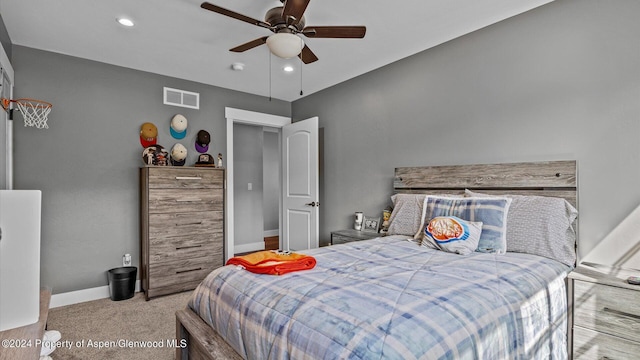 bedroom featuring recessed lighting, visible vents, carpet flooring, and baseboards