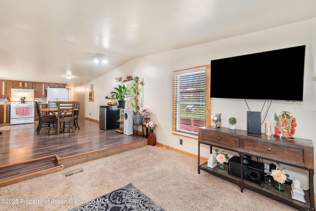 1618 Barclay St, Craig, CO 81625 - living room featuring baseboards, carpet floors, and vaulted ceiling