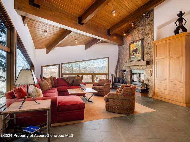 living room with beamed ceiling, wooden ceiling, a fireplace, and high vaulted ceiling