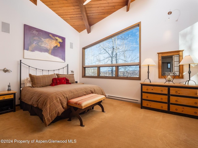 bedroom with lofted ceiling with beams, light colored carpet, baseboard heating, and wooden ceiling