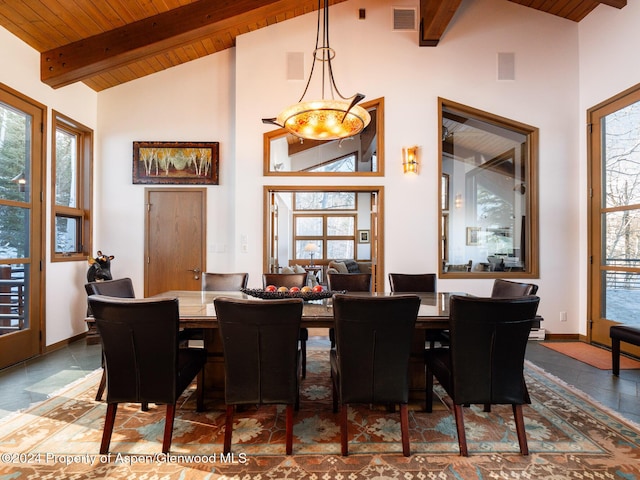 dining area featuring beamed ceiling, a notable chandelier, a healthy amount of sunlight, and wood ceiling