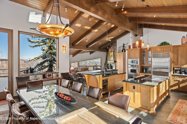 dining space with high vaulted ceiling, tile patterned floors, beam ceiling, wood ceiling, and beverage cooler