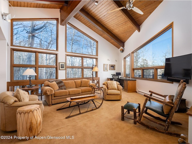 carpeted living room with beamed ceiling, high vaulted ceiling, ceiling fan, and wooden ceiling