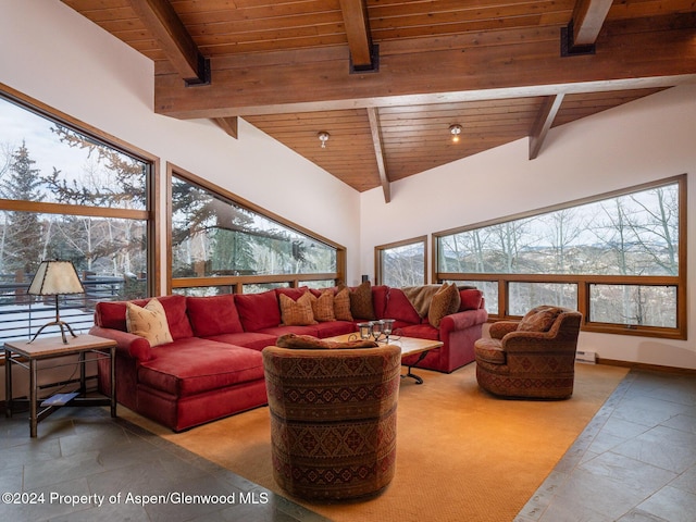 living room with beam ceiling and wood ceiling