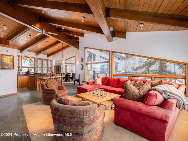 living room featuring beamed ceiling, wood ceiling, ceiling fan with notable chandelier, and high vaulted ceiling