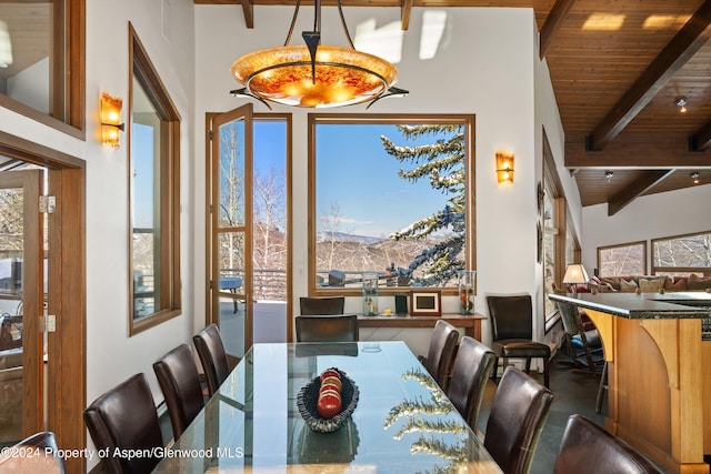 dining space featuring beam ceiling, a mountain view, and wooden ceiling