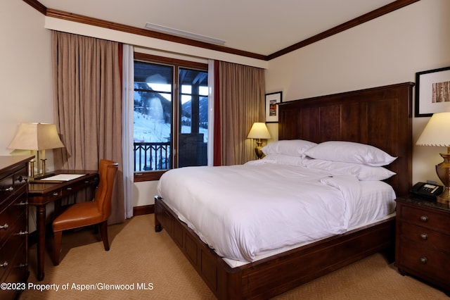 bedroom with access to exterior, light colored carpet, and ornamental molding