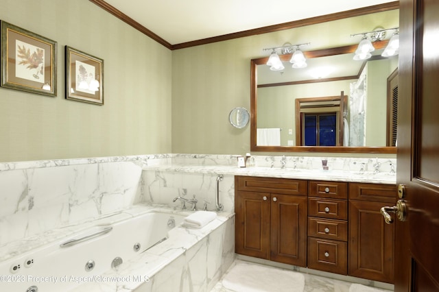 bathroom with vanity, a relaxing tiled tub, and ornamental molding