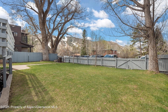 534 Spruce St, Aspen, CO 81611 - view of yard featuring a fenced backyard, a mountain view, and a gate