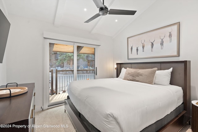 carpeted bedroom with access to outside, ceiling fan, and lofted ceiling with beams