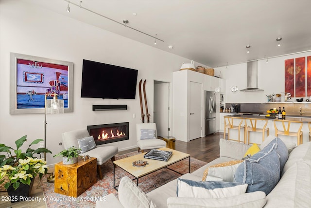 living room with dark hardwood / wood-style flooring and track lighting