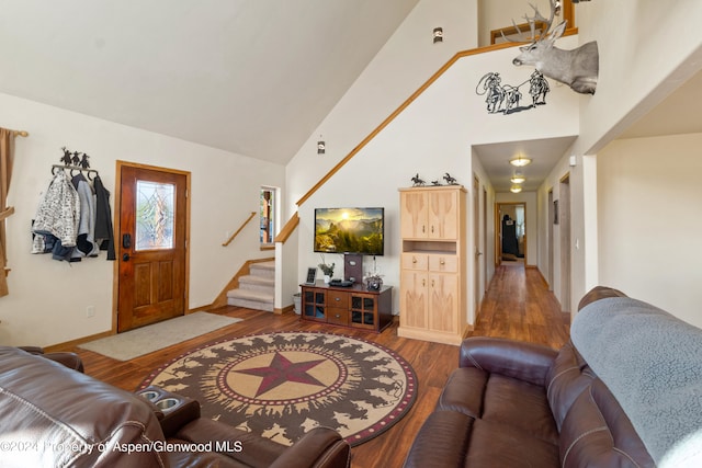 living room featuring hardwood / wood-style flooring and high vaulted ceiling