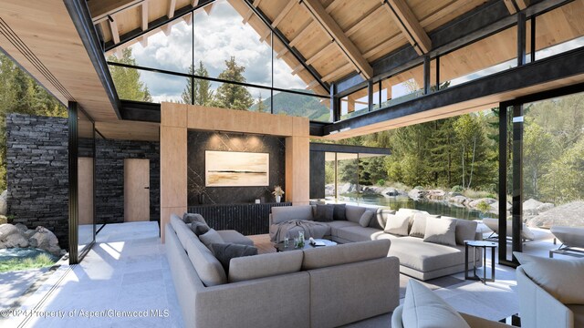 view of patio with outdoor lounge area and a water view