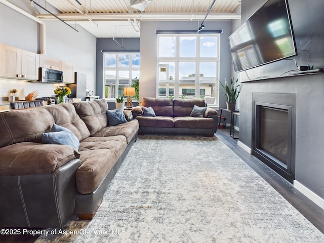 231 Robinson St Unit R306, Basalt, CO 81621 - living room with a high ceiling, dark wood-type flooring, and a fireplace