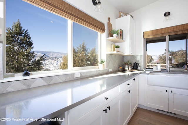 kitchen with sink, tasteful backsplash, a mountain view, and white cabinetry