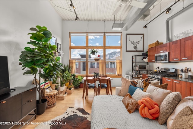 interior space with track lighting, a high ceiling, light wood-type flooring, and ceiling fan