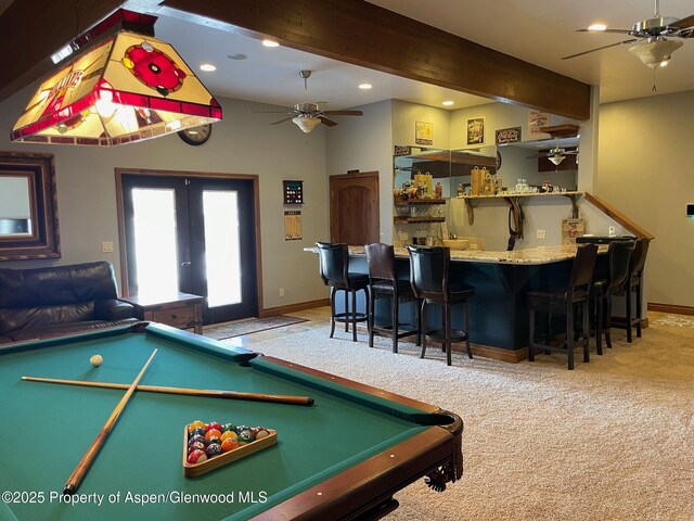 rec room with a ceiling fan, billiards, bar with sink, and recessed lighting