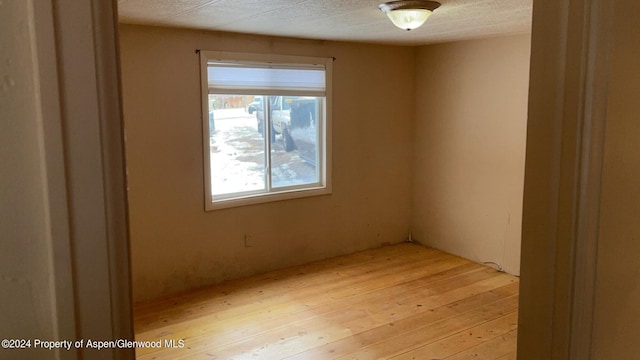 empty room with light hardwood / wood-style floors and a textured ceiling