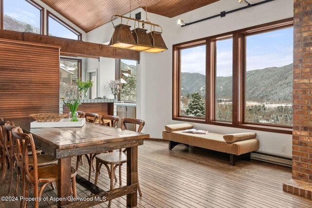 sunroom / solarium featuring a mountain view, plenty of natural light, wood ceiling, and a baseboard heating unit