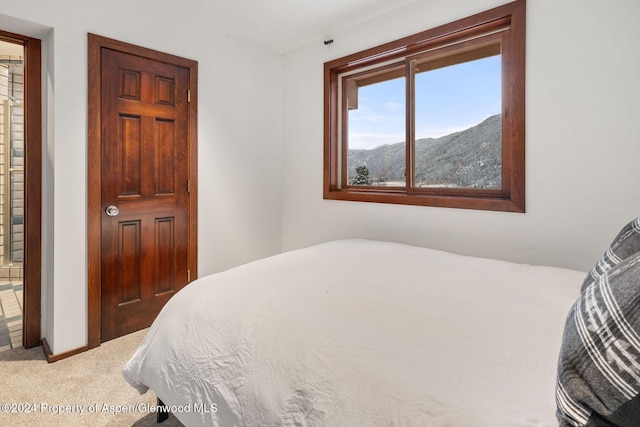 bedroom with carpet flooring and a mountain view