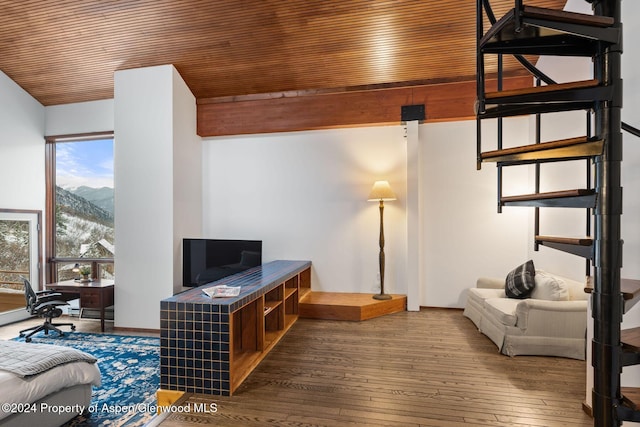 living room with hardwood / wood-style flooring and wood ceiling