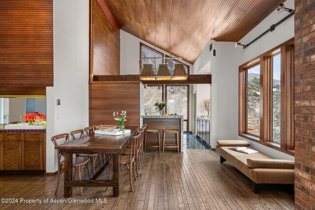 interior space featuring lofted ceiling, wood-type flooring, and wood ceiling