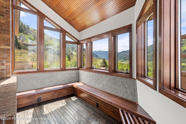 unfurnished sunroom featuring a mountain view and vaulted ceiling