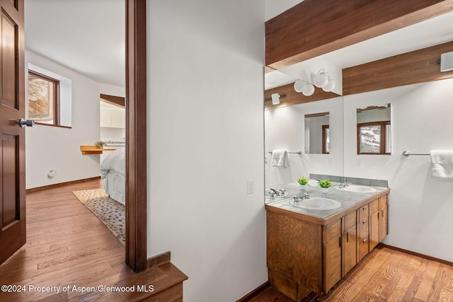 bathroom with hardwood / wood-style floors and vanity