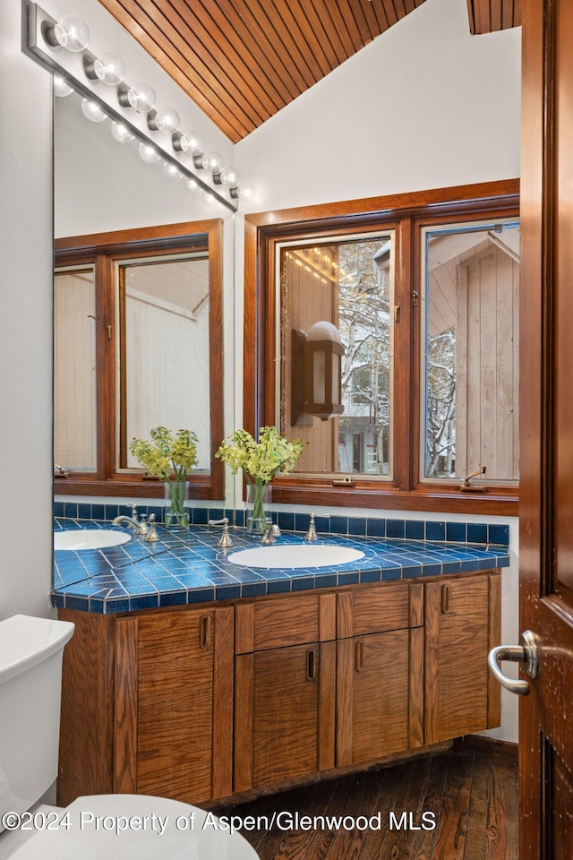 bathroom with hardwood / wood-style floors, vanity, toilet, and vaulted ceiling