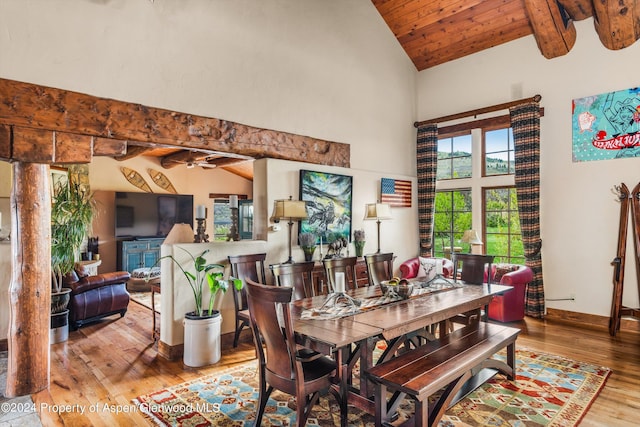 dining area featuring beam ceiling, ceiling fan, wooden ceiling, high vaulted ceiling, and wood-type flooring