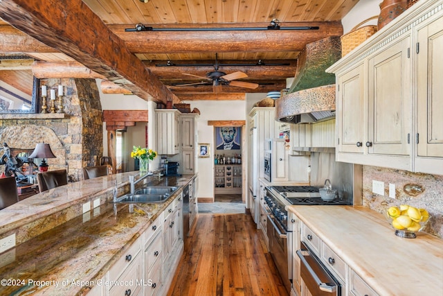 kitchen featuring dark wood-type flooring, sink, beamed ceiling, wood ceiling, and stainless steel appliances