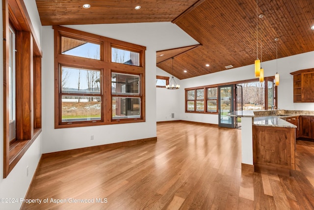 199 Bluestem Ct, Carbondale, CO 81623 - unfurnished living room featuring wooden ceiling, light hardwood / wood-style flooring, and an inviting chandelier