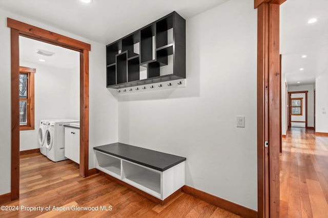 199 Bluestem Ct, Carbondale, CO 81623 - mudroom with washing machine and dryer and wood-type flooring