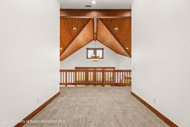 199 Bluestem Ct, Carbondale, CO 81623 - additional living space featuring carpet flooring, lofted ceiling with beams, and a chandelier