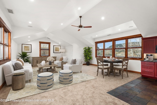 199 Bluestem Ct, Carbondale, CO 81623 - living room with dark colored carpet, ceiling fan, and lofted ceiling