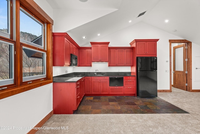 199 Bluestem Ct, Carbondale, CO 81623 - kitchen featuring sink, dark carpet, vaulted ceiling, and black appliances