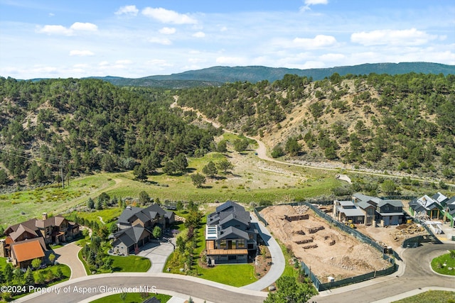 birds eye view of property with a mountain view