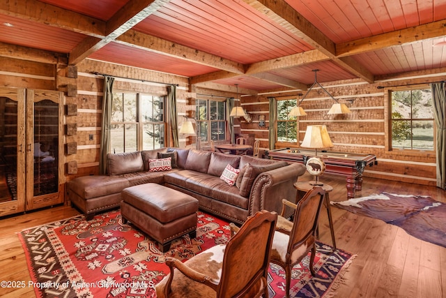 5548 Frying Pan Rd, Basalt, CO 81621 - living room with a wood ceiling with exposed beams, wood-type flooring, billiards, and wooden walls