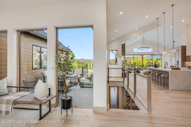 112 Bowles Dr, Carbondale, CO 81623 - interior space featuring light wood-type flooring, a sink, recessed lighting, and high vaulted ceiling