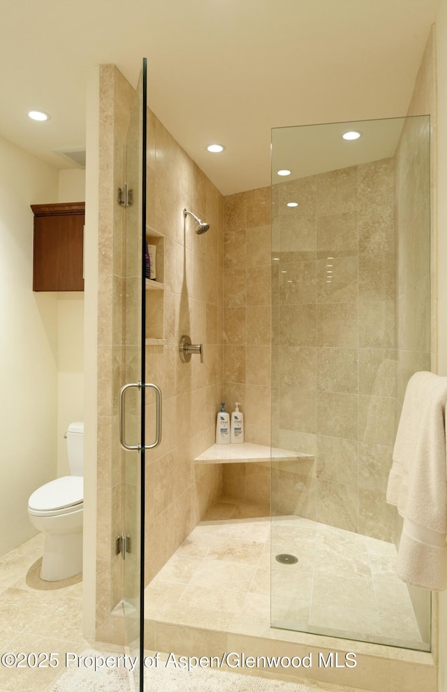 71 Smuggler Grv, Aspen, CO 81611 - bathroom featuring toilet, a shower stall, and recessed lighting