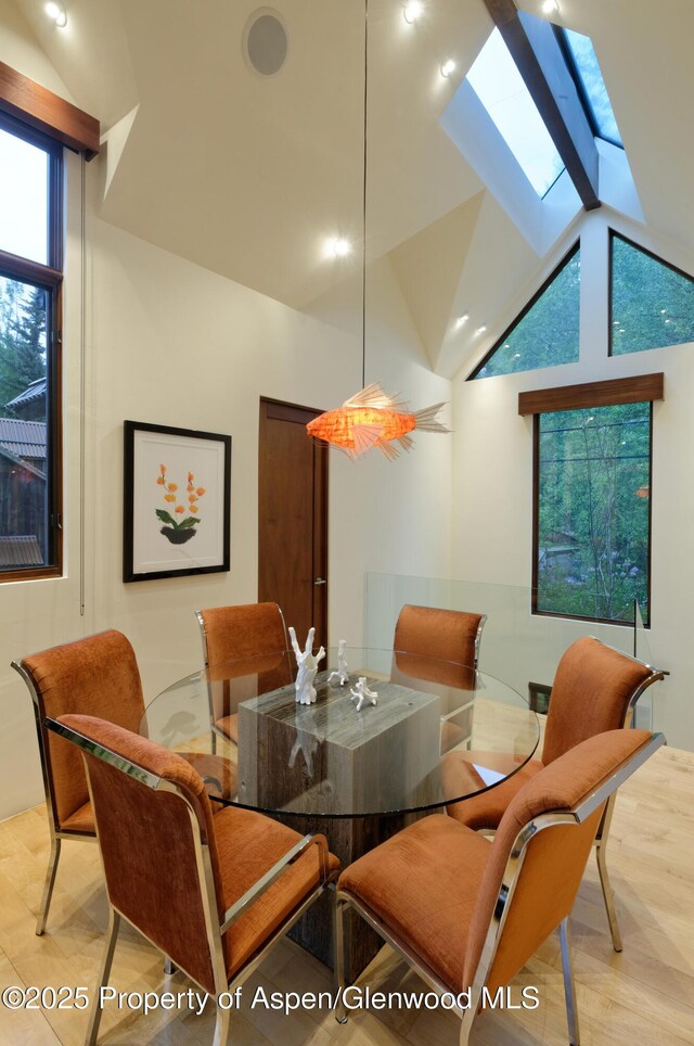 71 Smuggler Grv, Aspen, CO 81611 - dining space with lofted ceiling and a skylight