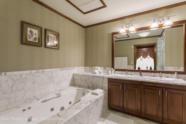 0197 Prospector Rd Unit 2412Summer Interest, Aspen, CO 81611 - full bathroom with double vanity, crown molding, a tub with jets, and marble look tiles
