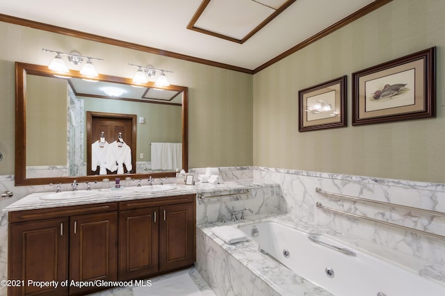 0197 Prospector Rd Unit 2412Summer Interest, Aspen, CO 81611 - full bathroom featuring ornamental molding, double vanity, a jetted tub, and wallpapered walls
