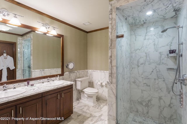 0197 Prospector Rd Unit 2412Summer Interest, Aspen, CO 81611 - full bath featuring double vanity, a marble finish shower, ornamental molding, marble finish floors, and tile walls