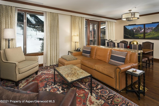 0197 Prospector Rd Unit 2412Summer Interest, Aspen, CO 81611 - living area with wood finished floors and ornamental molding