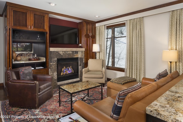 0197 Prospector Rd Unit 2412Summer Interest, Aspen, CO 81611 - living room featuring a fireplace, wood finished floors, and ornamental molding