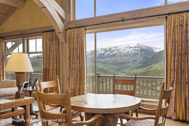 800 Chateau Way, Snowmass, CO 81654 - dining room with a mountain view and high vaulted ceiling